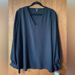 NWT - Nine West Black V-Neck Blouse with open sleeves and Pearl Embellishments